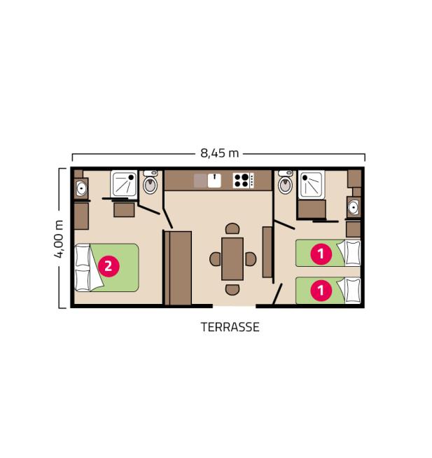 Plan mobil-home Clim Suite Duo camping Le Petit Rocher